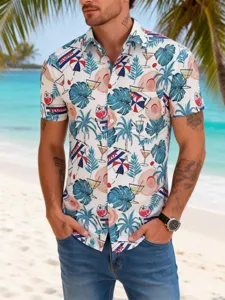 Close-up detail of mens tropical Hawaiian short sleeve shirt with palm tree beach pattern print.