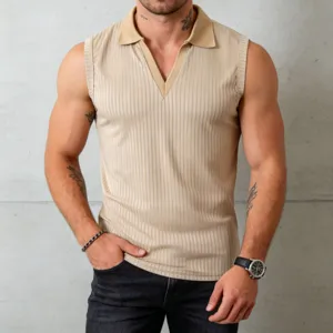 Mens ribbed knit sleeveless polo shirt detail view, slim fit casual top, stretchy summer wear