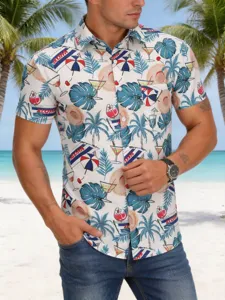 Men's Hawaiian tropical print short sleeve shirt, casual loose lapel summer beach vacation top.