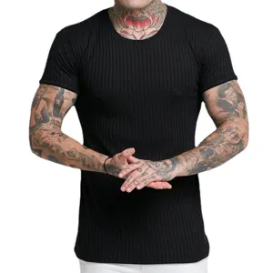 Men's black ribbed short sleeve t-shirt, slim fit stretch crew neck tee for casual wear.