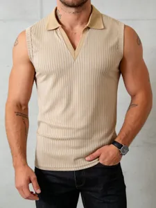 Detailed view of men's ribbed knit polo tank top in beige, slim fit sleeveless casual wear.