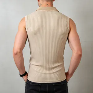Men's ribbed knit polo tank top, slim fit sleeveless casual summer shirt in solid beige.