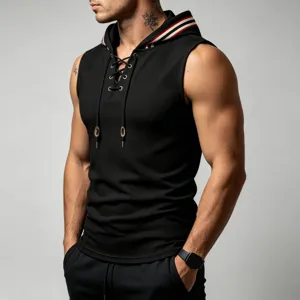 Men waffle knit sleeveless hoodie with contrast stripe hood and lace up front detail.