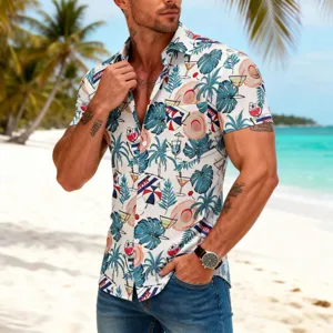 Men's Hawaiian Tropical Print Short Sleeve Shirt Casual Beach Turn Down Collar Top
