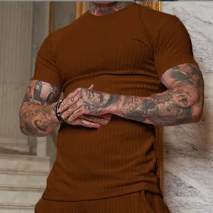 Men's summer casual ribbed short sleeve t-shirt, stretchy crew neck slim fit top.