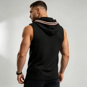 Men black waffle knit sleeveless hooded vest with contrast striped trim for gym fitness workout.