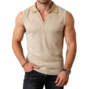 Men's ribbed knit polo vest slim fit casual sleeveless top with vertical stripes.