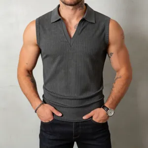 Men's dark grey ribbed knit sleeveless polo shirt, slim fit V-neck casual summer tank top.