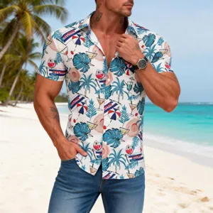 Men's tropical Hawaiian short-sleeve shirt with palm leaf and cocktail print for summer beach wear.