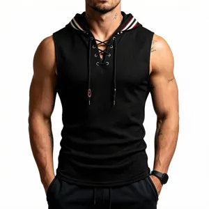 Men's waffle knit hooded athletic vest with contrast striped trim and cross lace-up front.