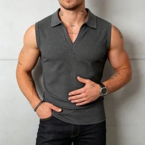 Men's dark grey ribbed knit polo tank top, slim fit sleeveless casual knitwear shirt.