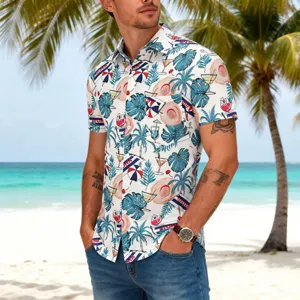 Mens casual short sleeve Hawaiian shirt with tropical palm tree and cocktail print for summer beach.