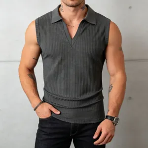 Men's dark grey ribbed knit polo tank top, sleeveless slim fit casual knitwear product detail.