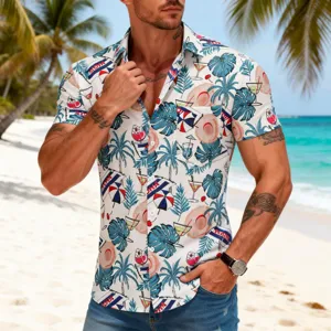 Men's Hawaiian tropical print short sleeve casual beach button-down shirt with lapel collar.