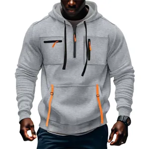 Felpa da uomo casual a maniche lunghe con mezza zip tasche e dettagli arancioni.