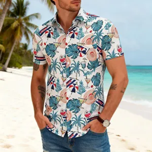 Men's tropical Hawaiian short-sleeve shirt with vibrant cocktail and palm print beachwear.