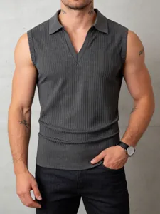 Men's knitted polo vest, slim fit ribbed sleeveless top, casual solid color design.