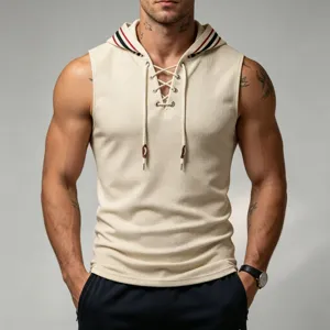 Men's waffle knit sleeveless hooded tank top with lace-up front and striped trim.