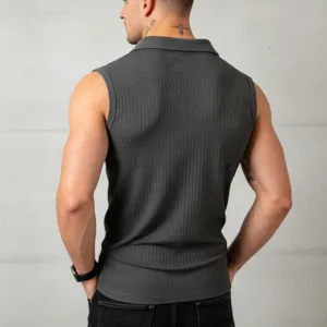 Men's dark gray ribbed knit sleeveless polo shirt with stylish textured slim fit design.
