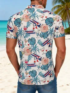 Men's Hawaiian short sleeve shirt with tropical palm tree and cocktail print for summer beach wear.