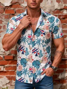 Men's short sleeve Hawaiian shirt detail showing tropical cocktail print and lapel collar style.