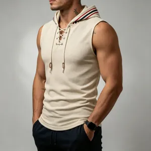 Men's waffle knit sleeveless hoodie casual sportswear tank top with stylish drawstring design