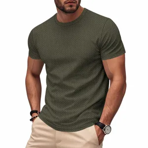 Detailansicht Herren Sommer Kurzarm T-Shirt, dunkelgrünes Muster Textur Gewebe.