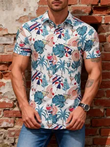 Close-up detail of mens Hawaiian tropical print short sleeve shirt with chic collar and pocket.