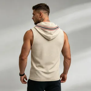 Men's waffle knit hooded athletic fitness tank top with contrast striped hood edge.