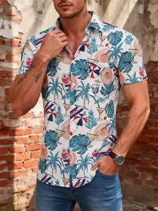 Men's short sleeve Hawaiian shirt casual turn-down collar summer tropical beach resort top.