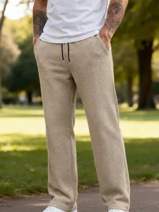 Pantaloni Dritti Casual in Maglia Waffle da Uomo Tinta Unita Vita con Coulisse Abbigliamento Maschile
