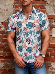 Details of men's short sleeve Hawaiian shirt with tropical cocktail print and lapel collar.