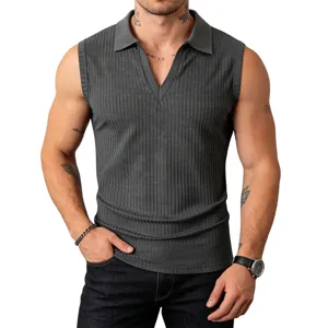 Men's dark gray knit sleeveless polo vest with vertical ribbed texture, slim fit top.