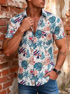 Men's tropical Hawaiian short sleeve shirt with casual lapel, palm tree and cocktail print.