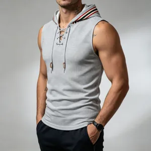 Men's gray waffle knit sleeveless hoodie with contrast stripe trim and lace-up front.