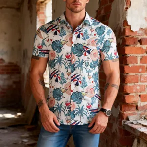 Men tropical Hawaiian short sleeve shirt detail showcasing vibrant resort print and collar.