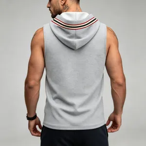 Mens grey waffle knit sleeveless hoodie with contrast striped trim on the hood for active wear.