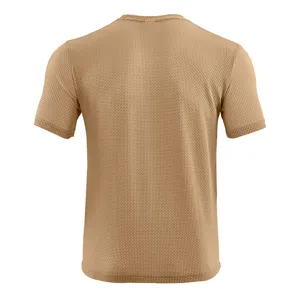Rückansicht Detail des khakifarbenen Eis-Seide schnelltrocknenden Kurzarm-T-Shirt-Stoffs.