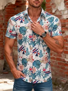 Men's Hawaiian short sleeve shirt with tropical cocktail and palm tree print, casual lapel design.