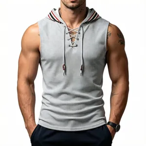 Men waffle knit sleeveless hoodie detail showing cross lace-up front and striped hood lining.