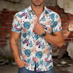 Men's casual Hawaiian short sleeve shirt with tropical cocktail print, vintage vacation style.