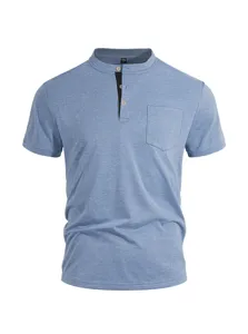Men's short sleeve Henley t-shirt casual solid color top with chest pocket and buttons.