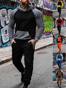 Men's Casual Color Block Fleece-Lined Loose Hooded Sweatshirt And Sweatpants Two-Piece Tracksuit Winter Activewear