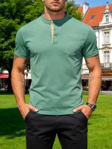 Men's casual short sleeve Henley t-shirt featuring button placket and chest pocket detail.
