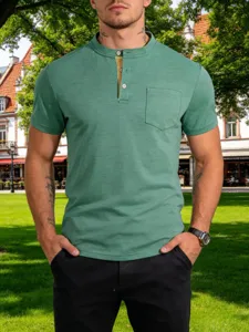 Detail view of mens casual green henley t-shirt with button placket and chest pocket design.