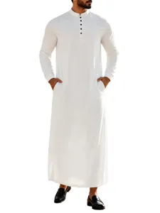 Thobe Traditionnel à Manches Longues pour Hommes Col Mao Bouton Couleur Unie Coupe Ample Longue Robe Kaftan Islamique