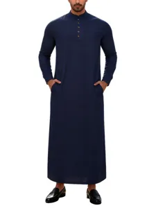 Thobe traditionnel homme manches longues uni col montant robe islamique avec poches