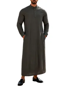 Robe longue traditionnelle vintage unie pour homme col montant ample avec poches