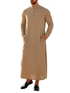 Homme uni traditionnel long robe ample col montant poches rétro style arabe thobe homme