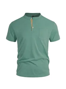 Men's green short sleeve Henley t-shirt with chest pocket and button front casual top